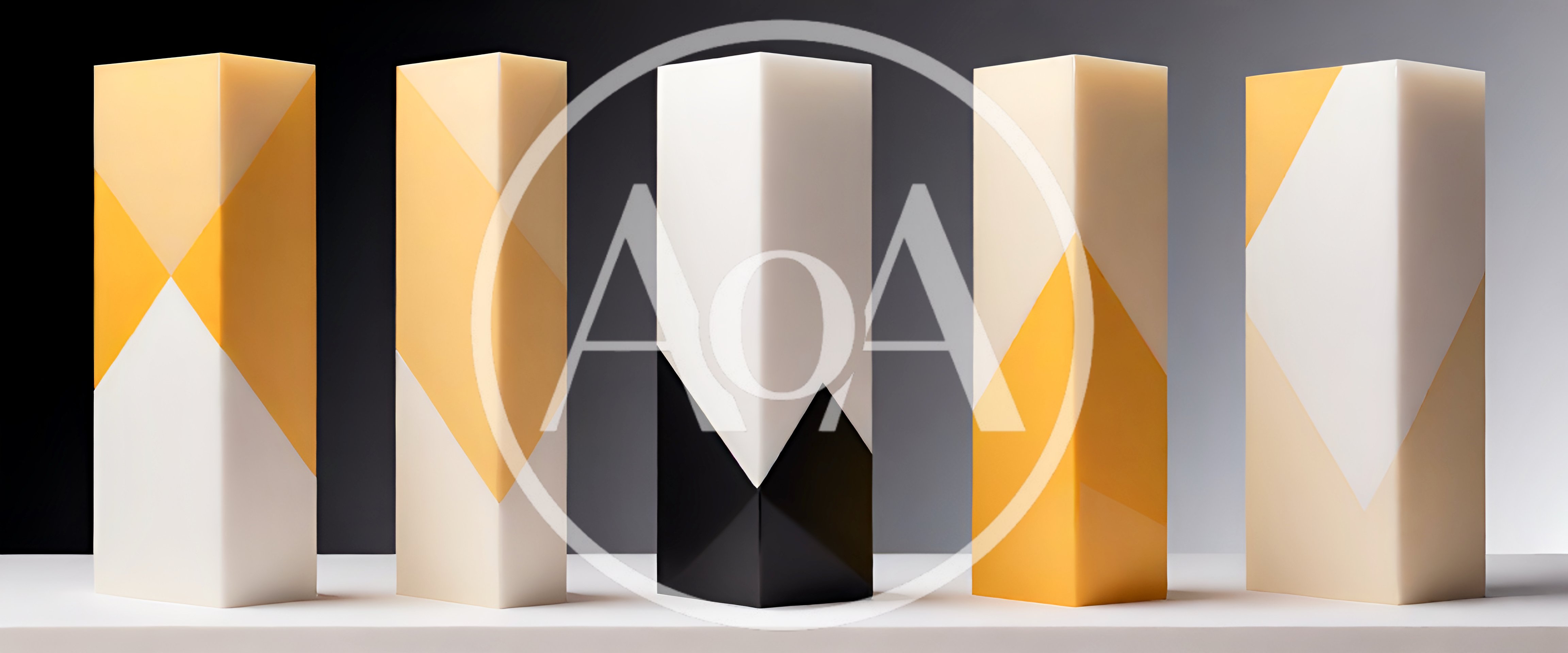 Five Modern Geometric Sculptures On A White Surface