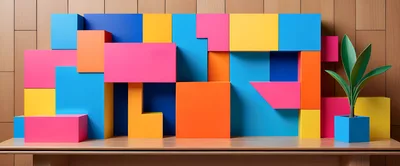 Abstract Geometric Blocks Display With Potted Plant