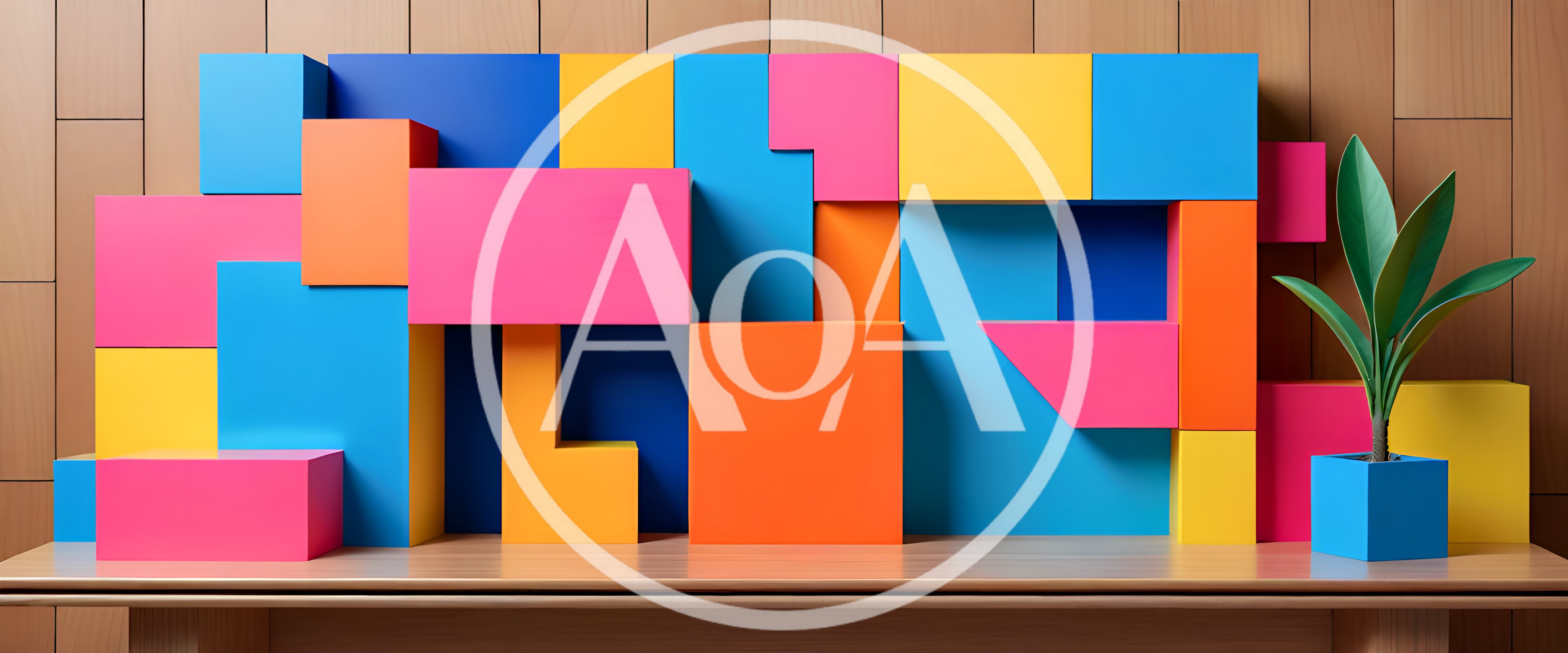 Abstract Geometric Blocks Display With Potted Plant