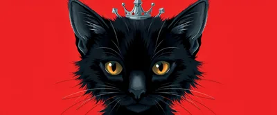 Black Cat Wearing A Silver Crown On Red Background