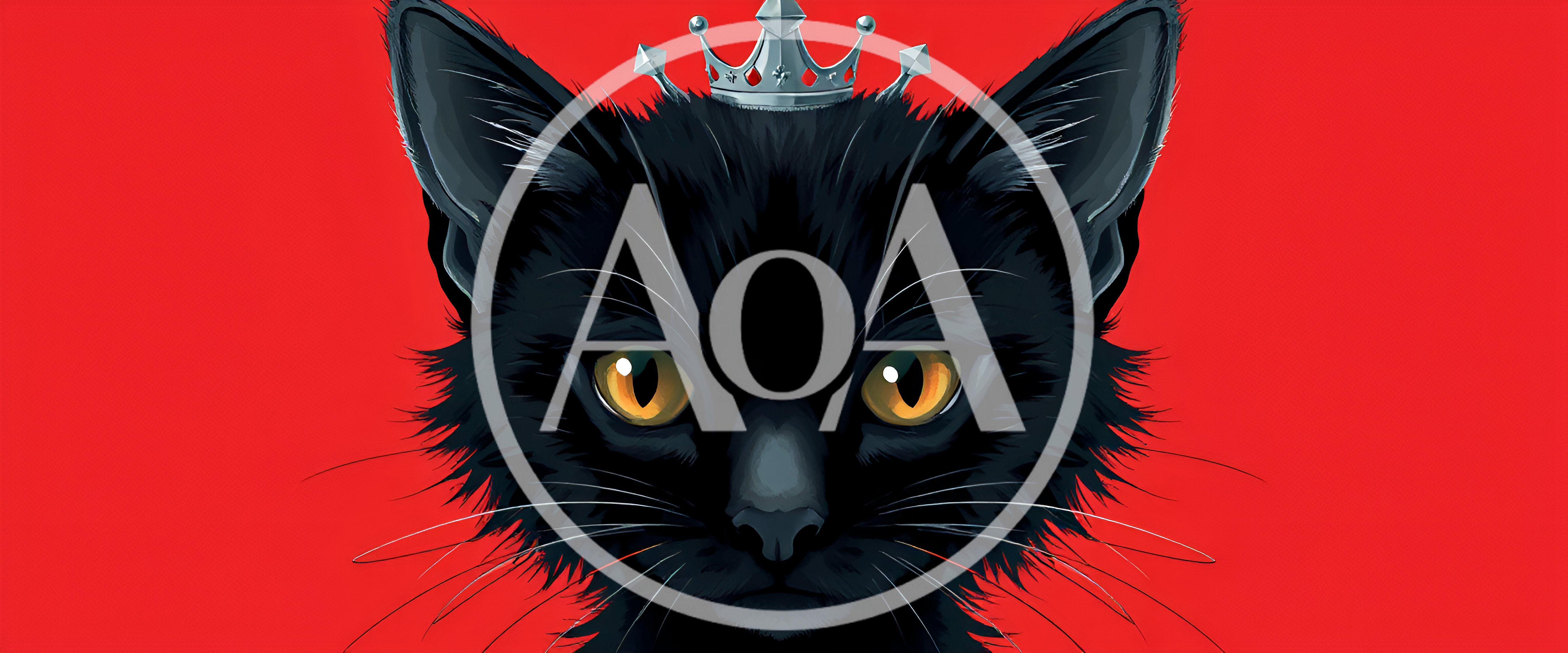Black Cat Wearing A Silver Crown On Red Background