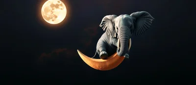 Elephant Sitting On A Crescent Moon In Space