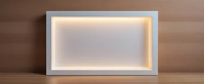 Illuminated White Rectangular Display Frame On Wooden Surface