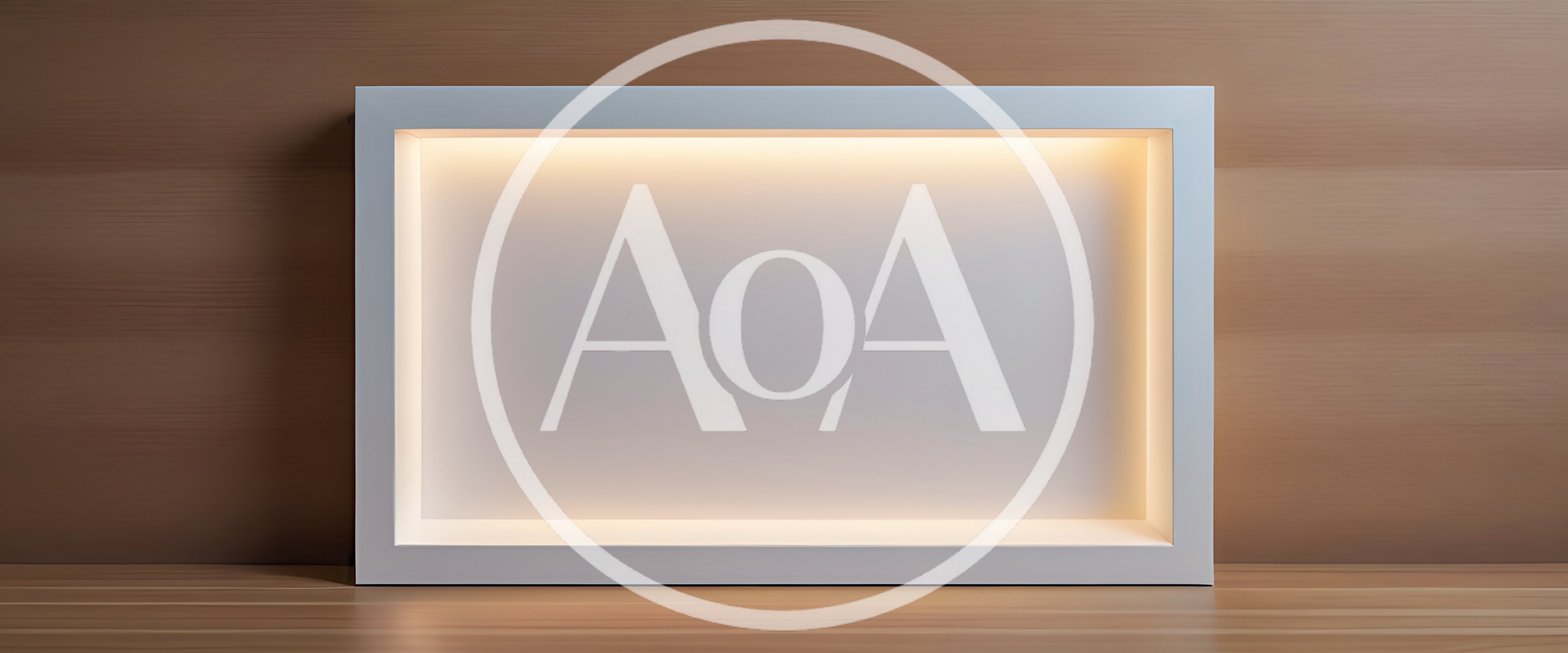 Illuminated White Rectangular Display Frame On Wooden Surface