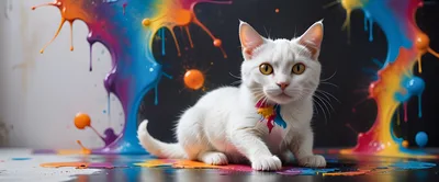 White Cat Sitting Amidst Vibrant Colorful Paint Splashes