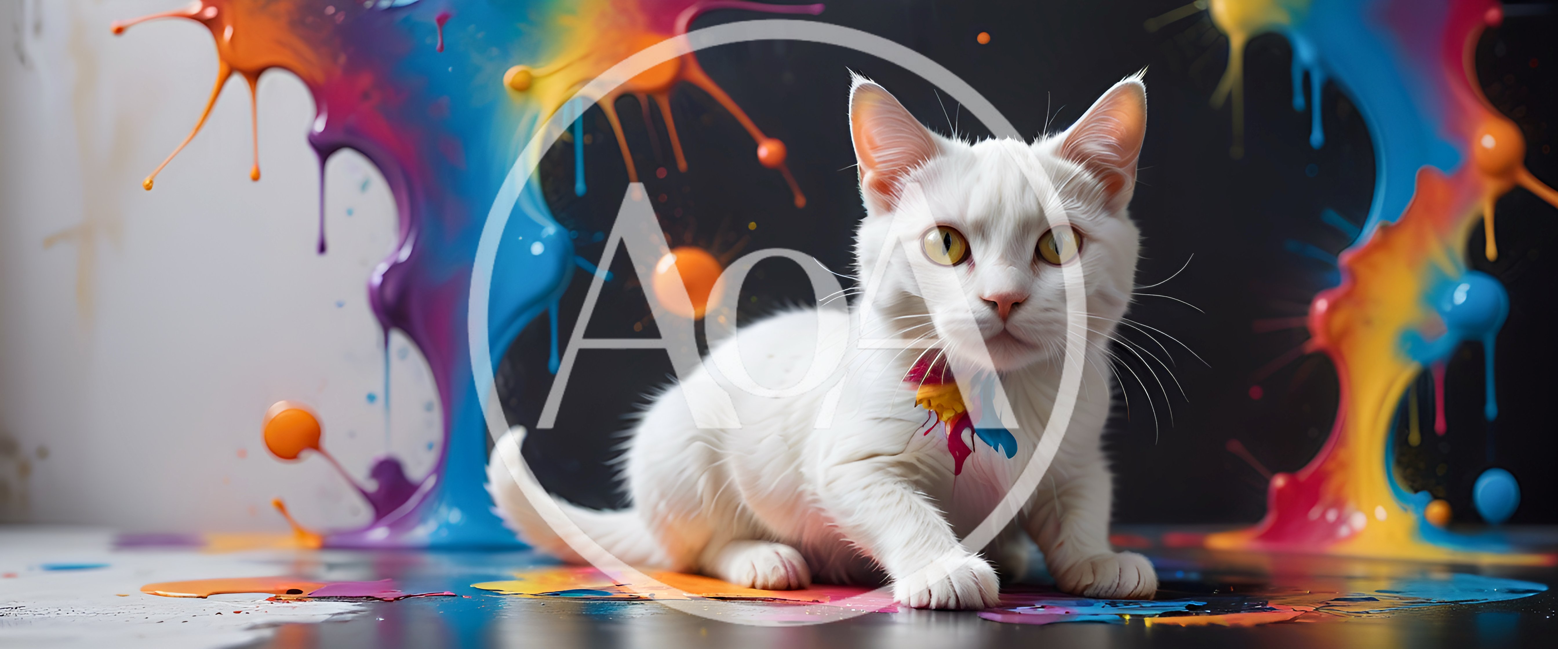 White Cat Sitting Amidst Vibrant Colorful Paint Splashes