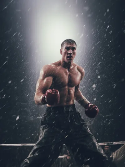 Muscular Boxer Standing In The Rain Under Spotlight