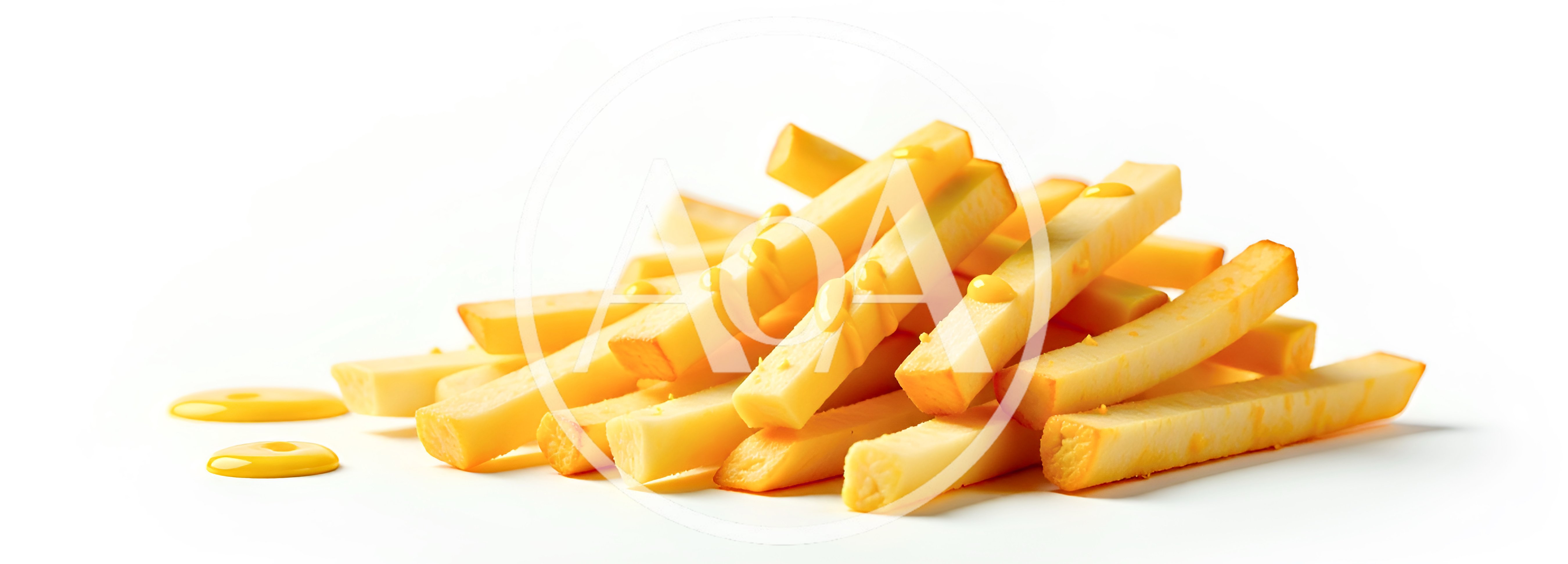 Pile Of Golden French Fries With Mustard Drizzle