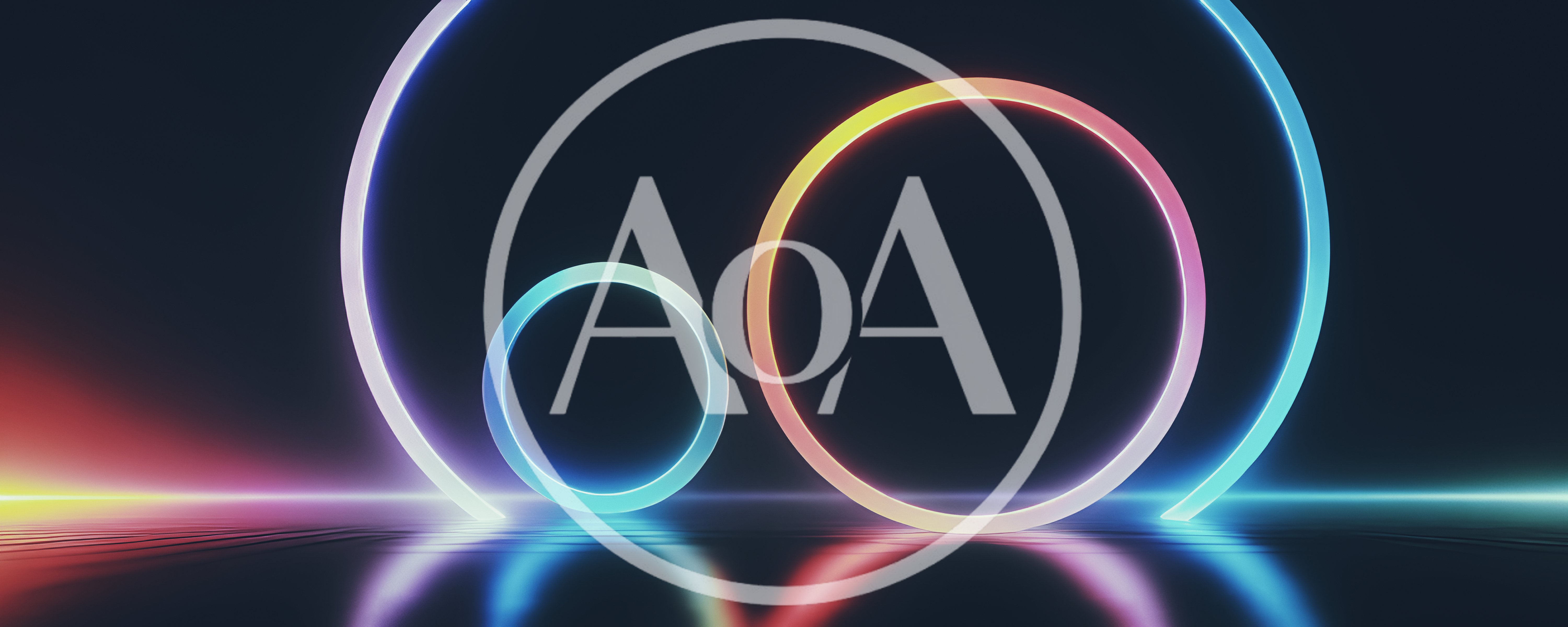 Abstract Neon Rings Glowing On Reflective Dark Surface
