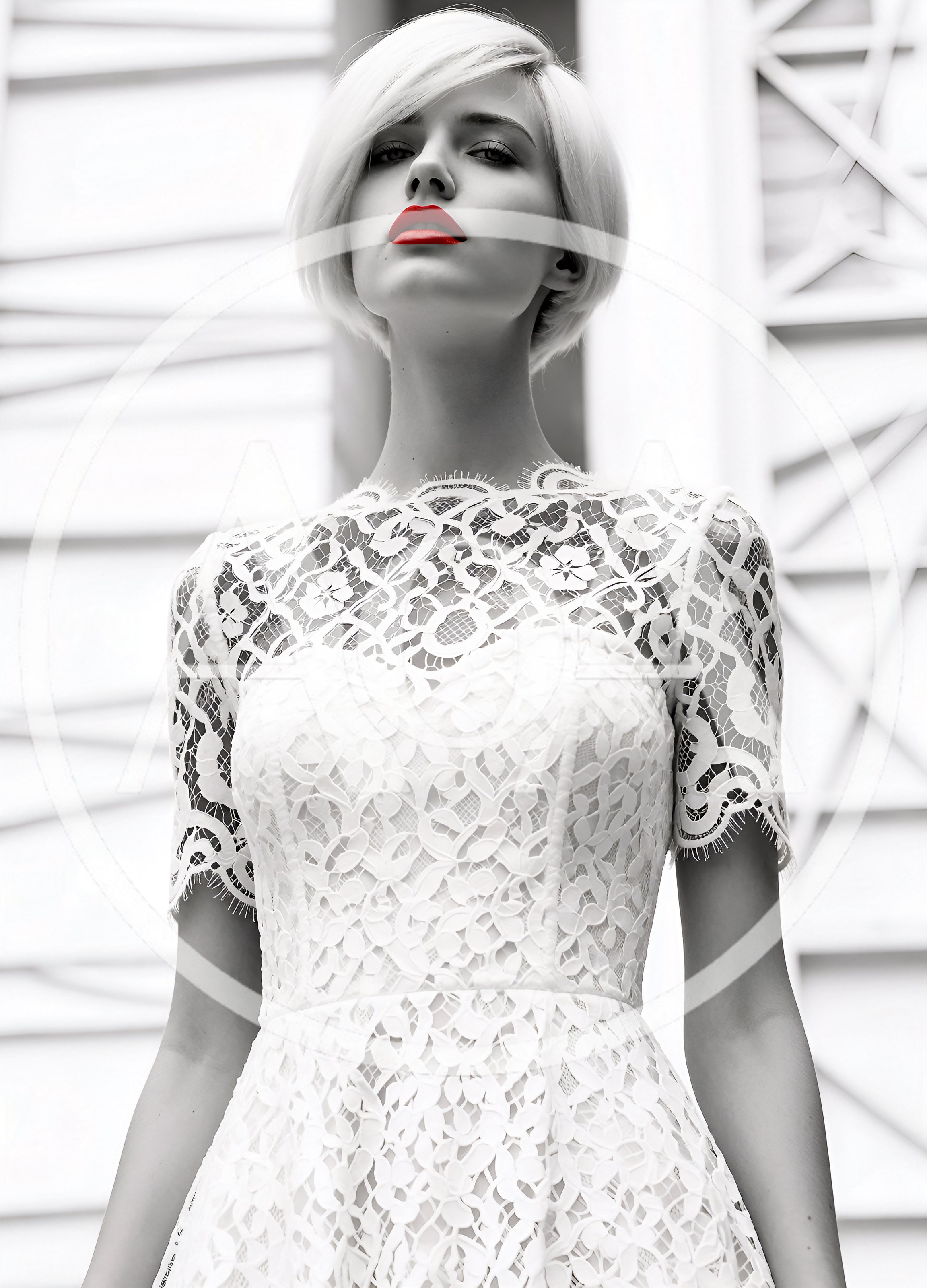 Fashion Portrait of a Woman in a White Lace Dress