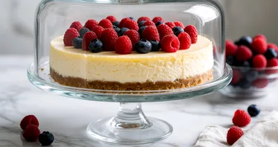 Cheesecake With Fresh Berries Under A Glass Dome