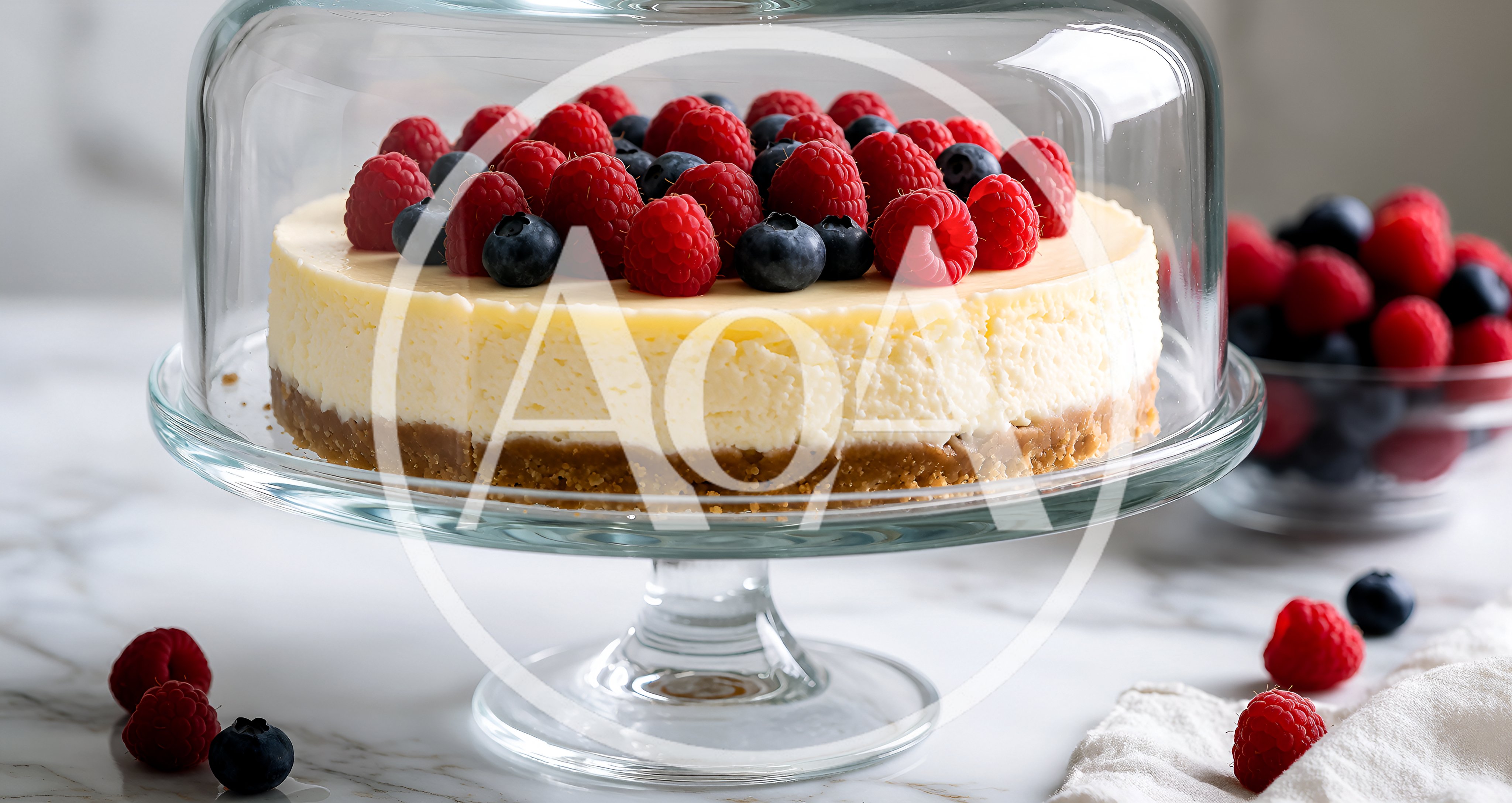 Cheesecake With Fresh Berries Under A Glass Dome