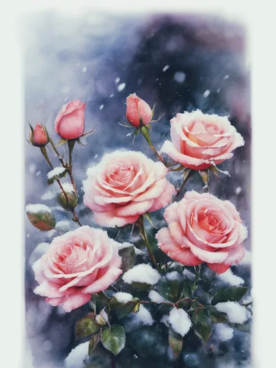 Pink Roses Covered In Winter Snow
