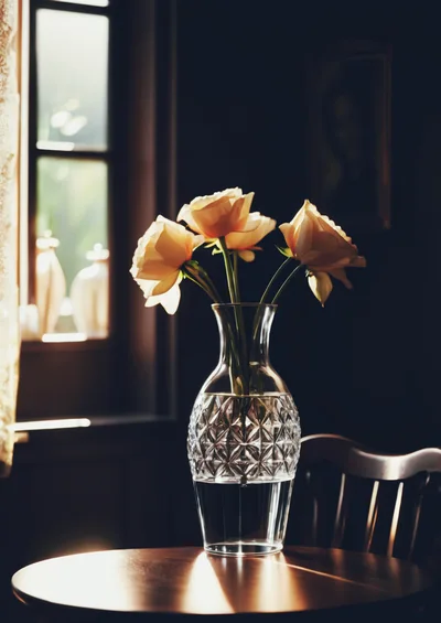 Yellow Roses in a Crystal Vase on a Table