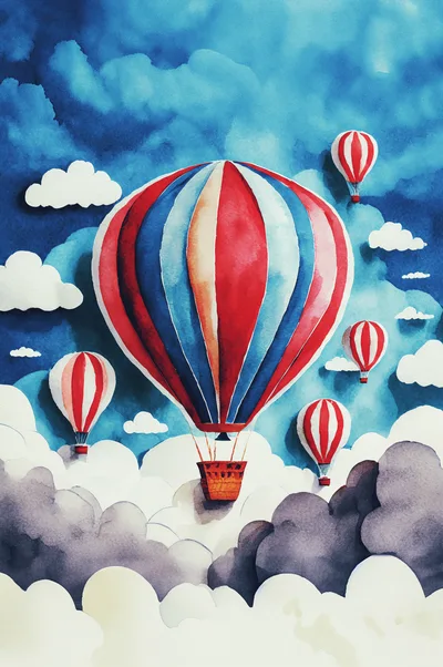 Watercolor Illustration Of Colorful Hot Air Balloons