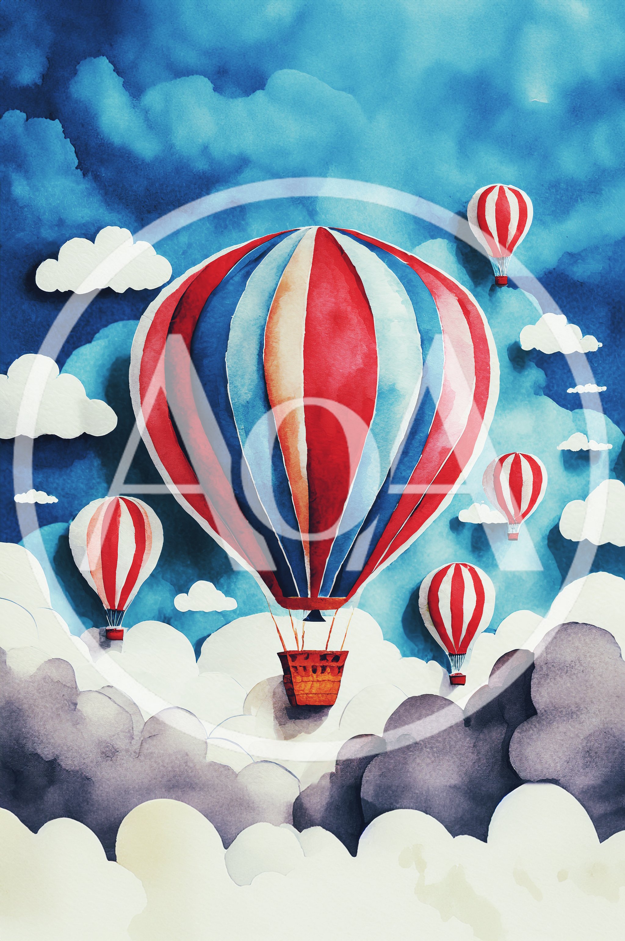 Watercolor Illustration Of Colorful Hot Air Balloons