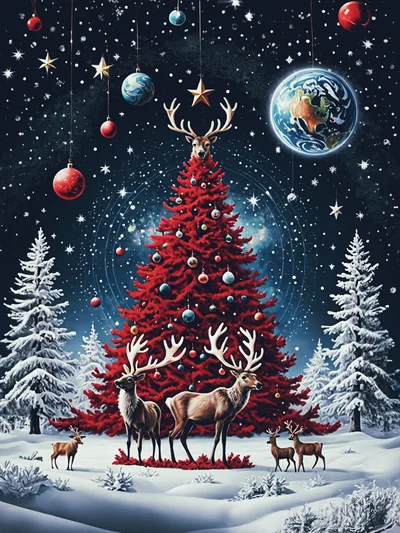 Surreal Christmas Scene With Red Tree And Reindeer
