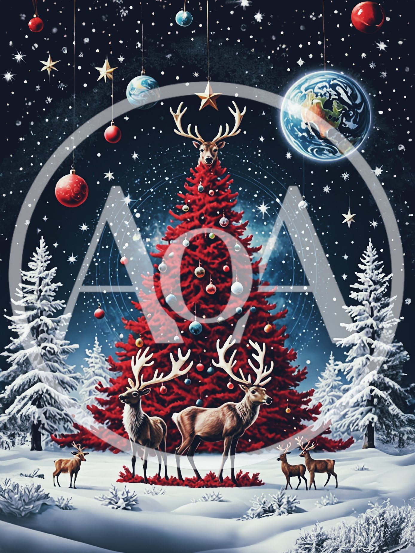 Surreal Christmas Scene With Red Tree And Reindeer