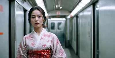Young Japanese Woman In Kimono Standing On Subway Train