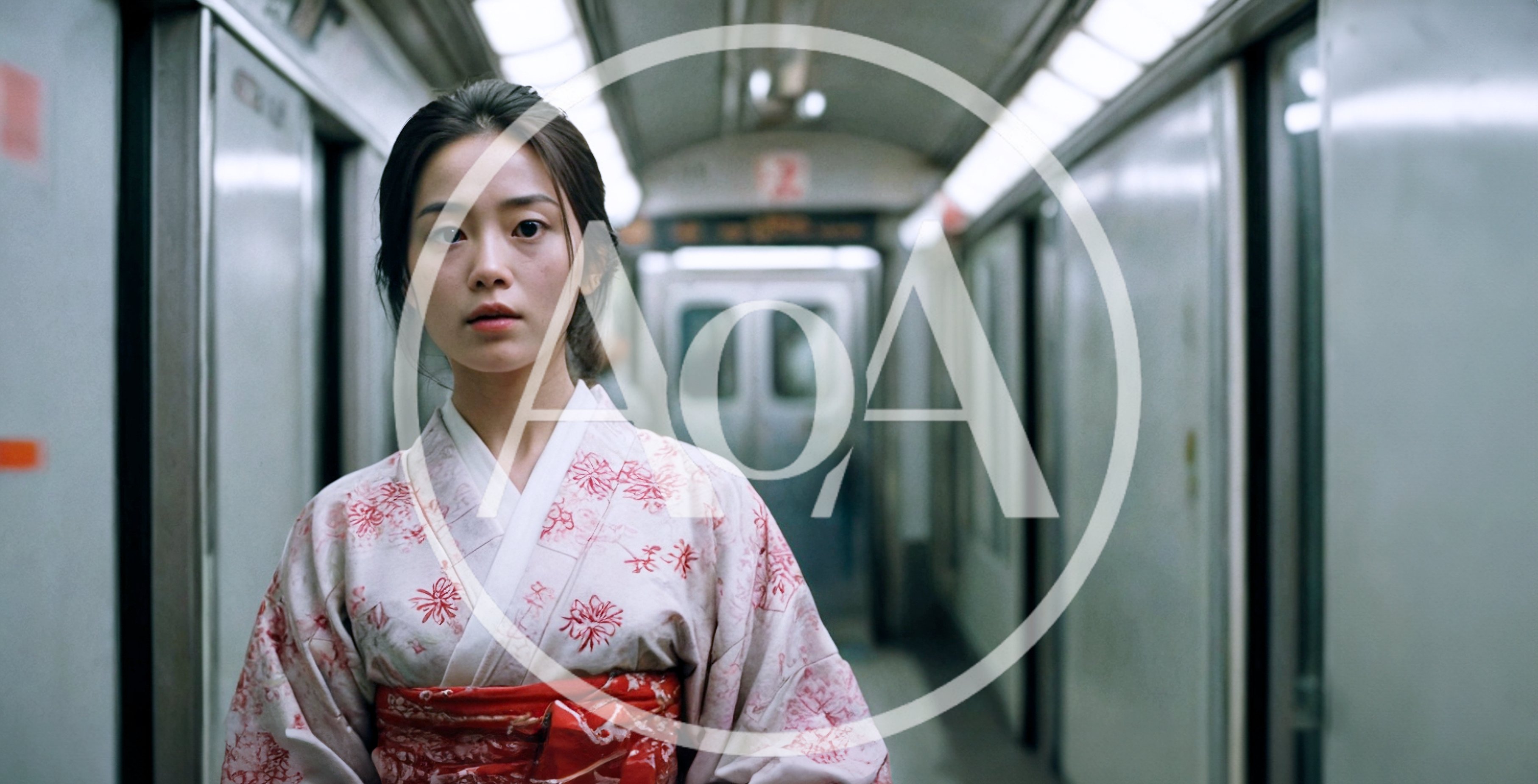 Young Japanese Woman In Kimono Standing On Subway Train