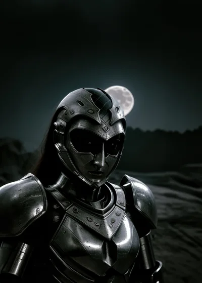 Warrior In Ornate Metal Armor Under Full Moon
