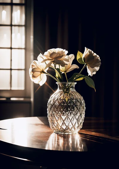 White Flowers In A Crystal Vase On A Table