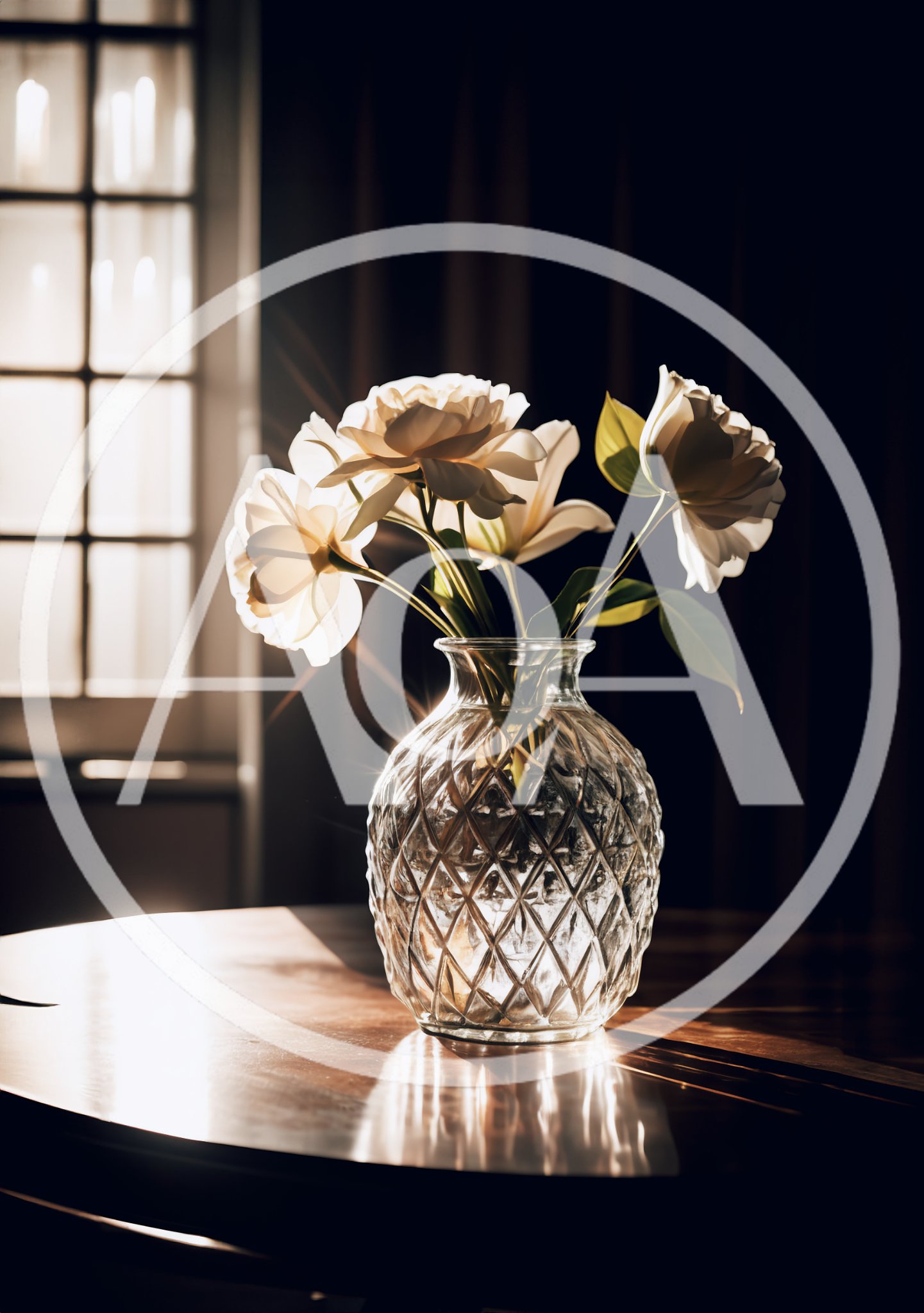 White Flowers In A Crystal Vase On A Table
