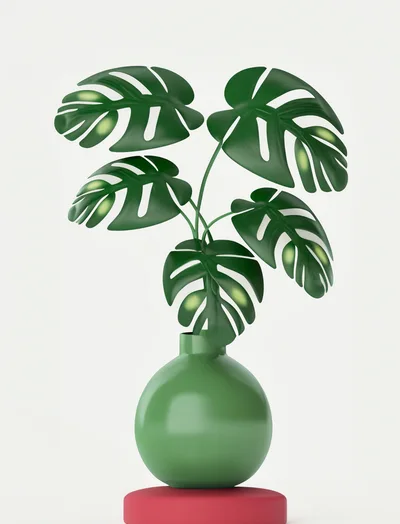 3D Rendered Monstera Plant in Green Vase