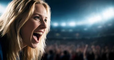 Excited Blonde Woman Cheering at a Sports Stadium
