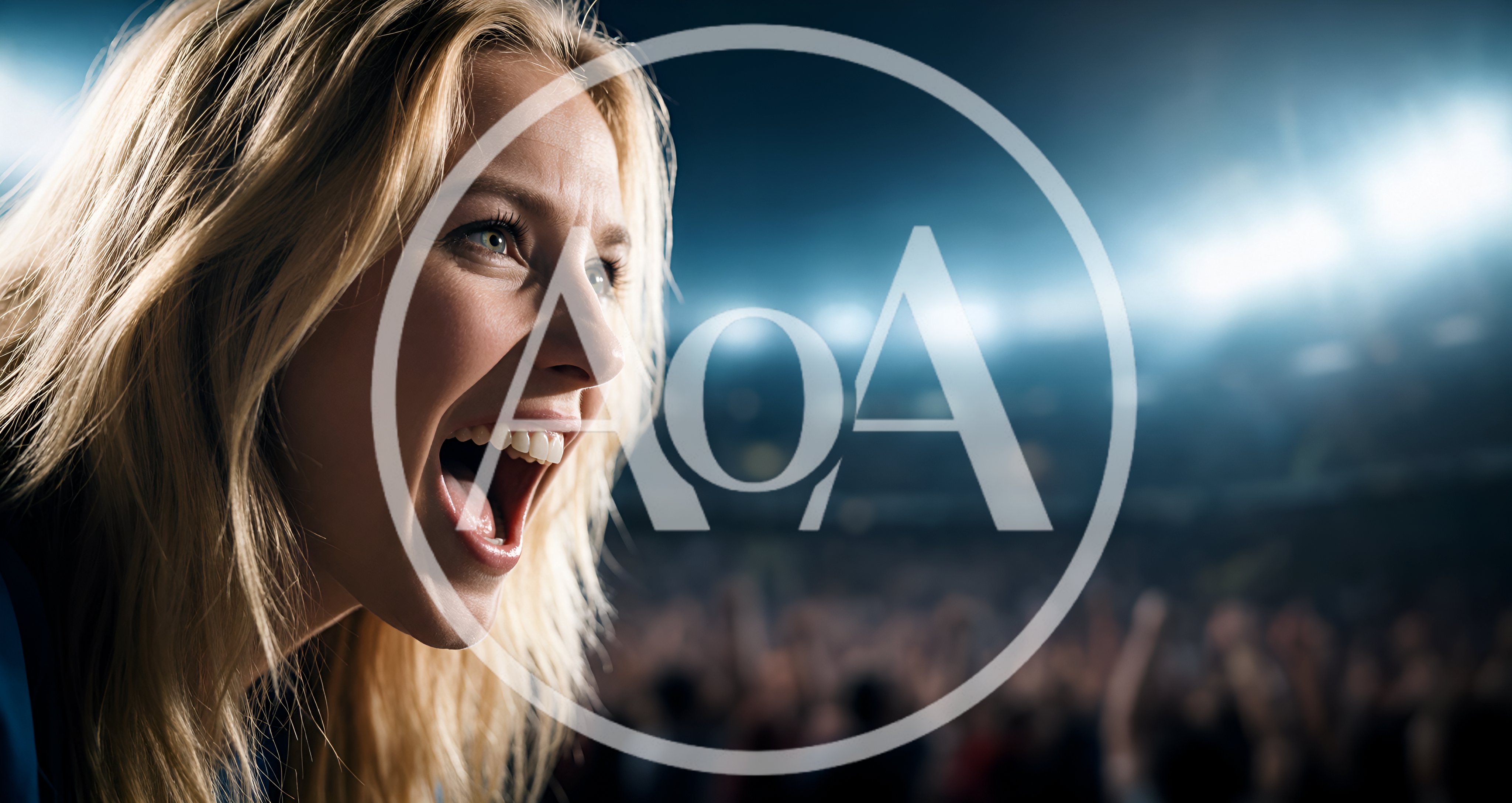 Excited Blonde Woman Cheering at a Sports Stadium