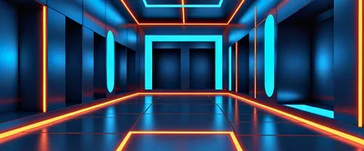 Futuristic Corridor With Neon Blue And Orange Lighting