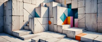 Abstract Concrete Block Structure With Geometric Color Accents