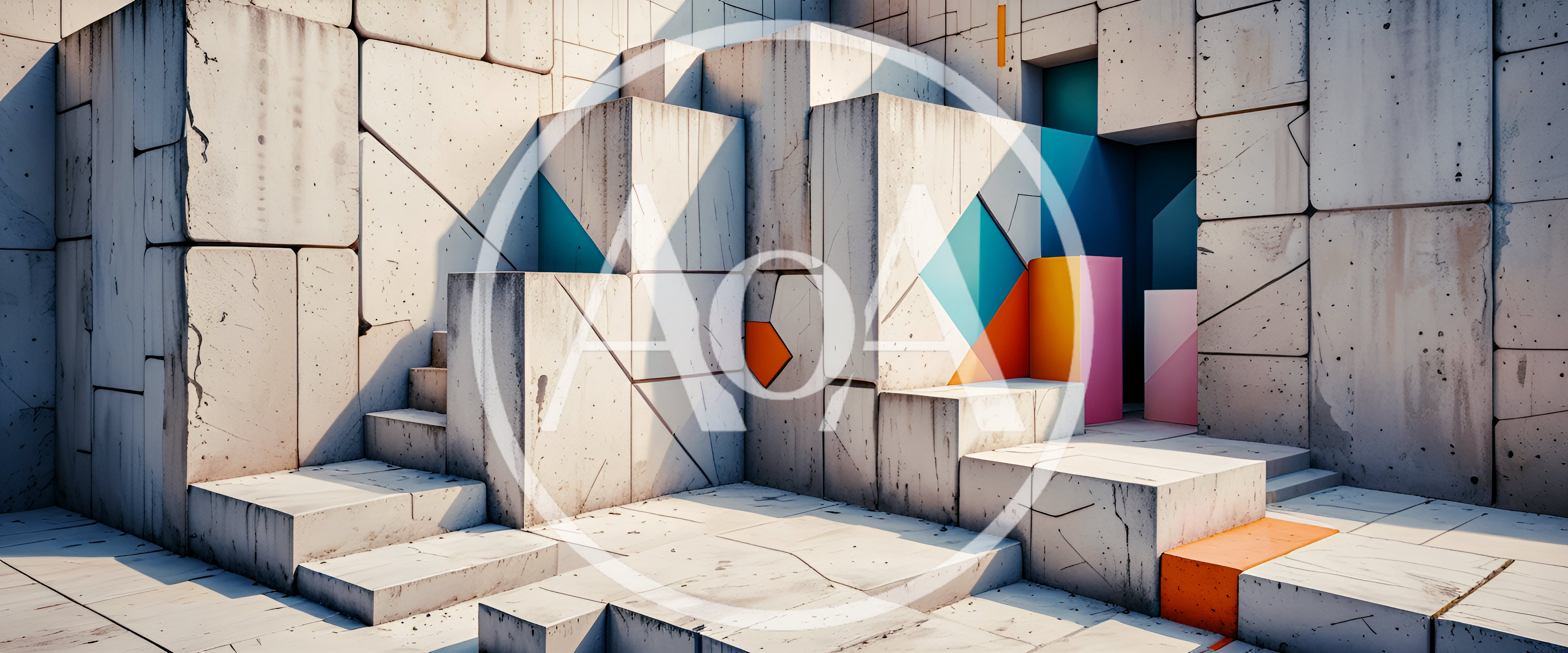 Abstract Concrete Block Structure With Geometric Color Accents