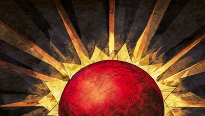 Stylized Red Sun Rising With Golden Geometric Rays