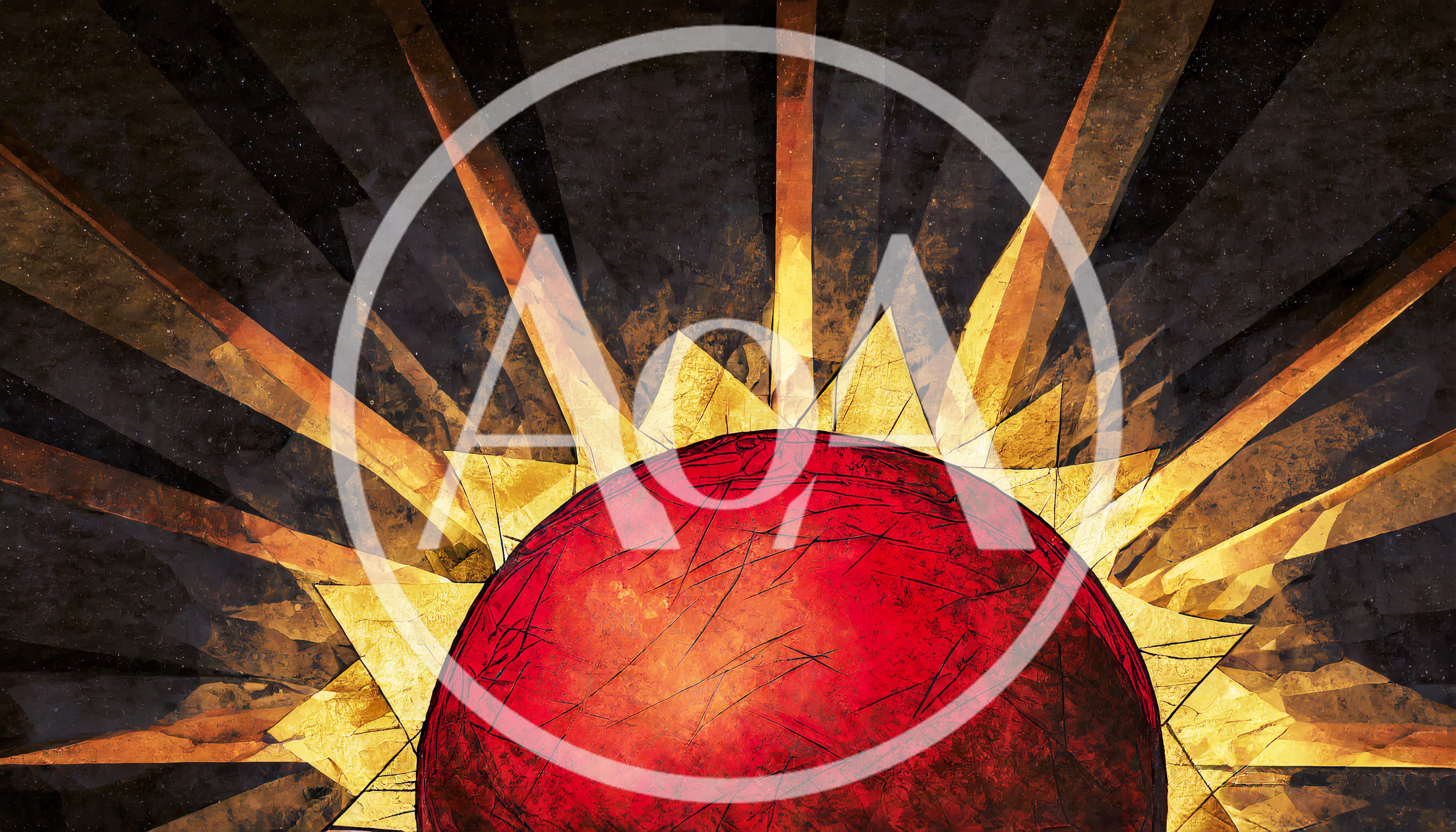 Stylized Red Sun Rising With Golden Geometric Rays