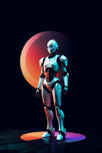 Futuristic Humanoid Robot Standing Against Glowing Circular Background