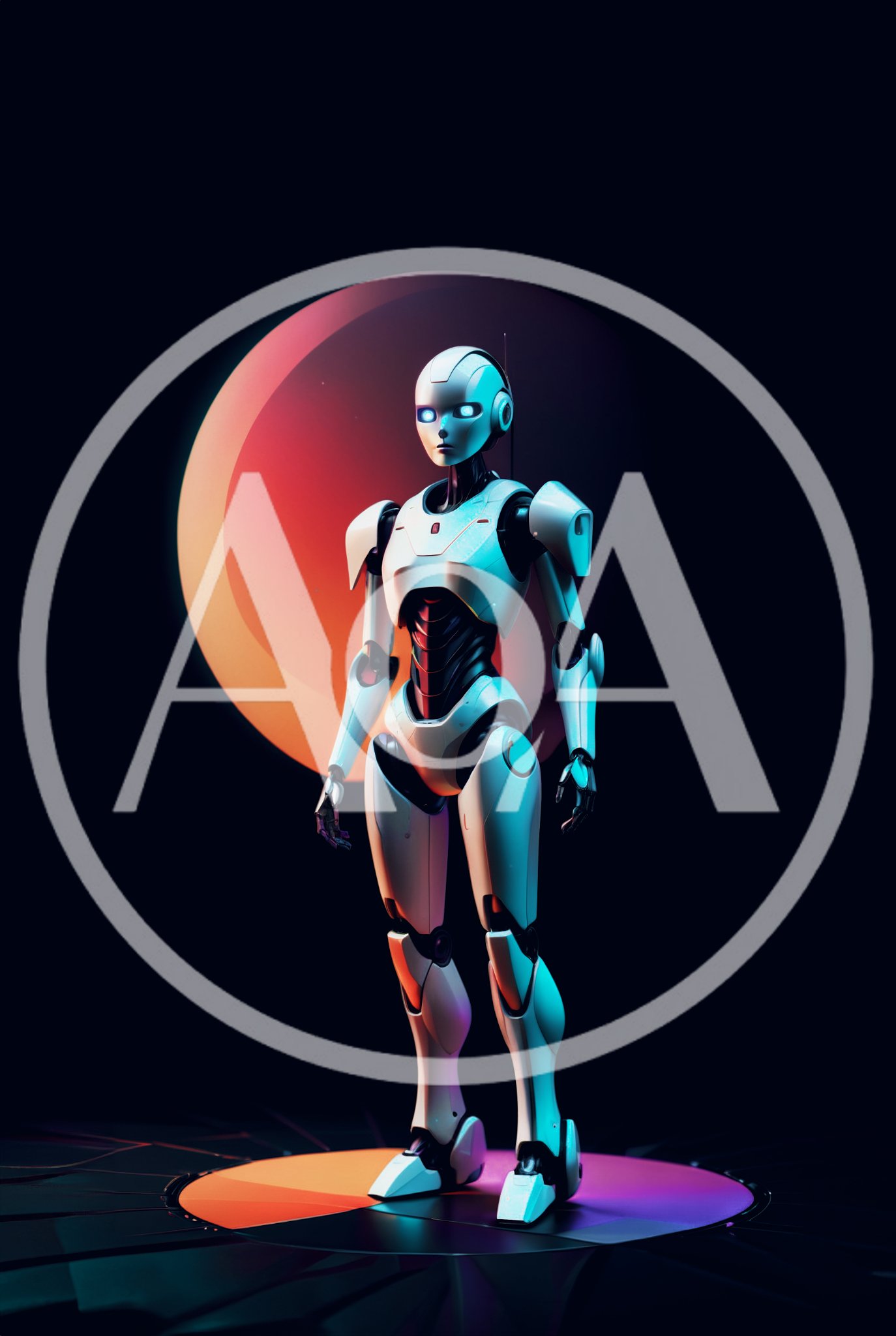 Futuristic Humanoid Robot Standing Against Glowing Circular Background