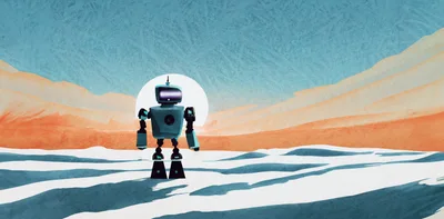 Retro Robot Standing In A Surreal Desert Landscape