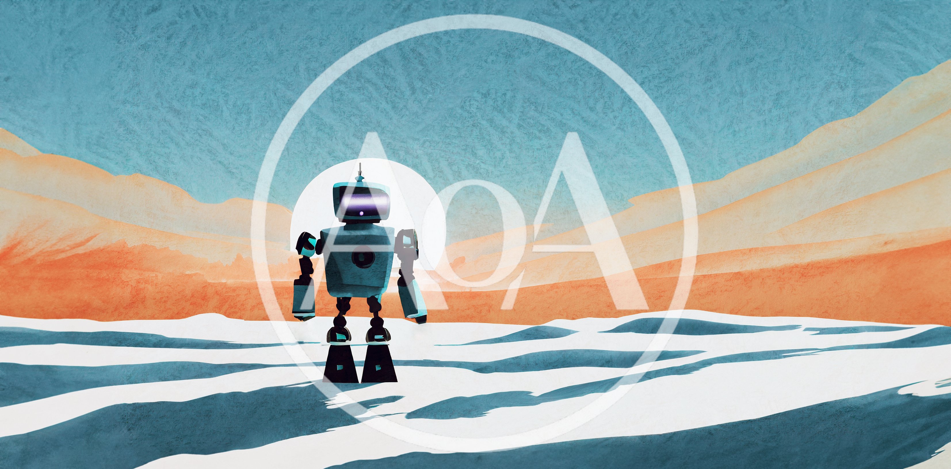 Retro Robot Standing In A Surreal Desert Landscape