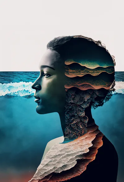 Surreal Double Exposure Portrait Of A Woman And Ocean