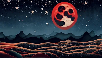 Surreal Red Moon Over Dark Rolling Desert Landscape