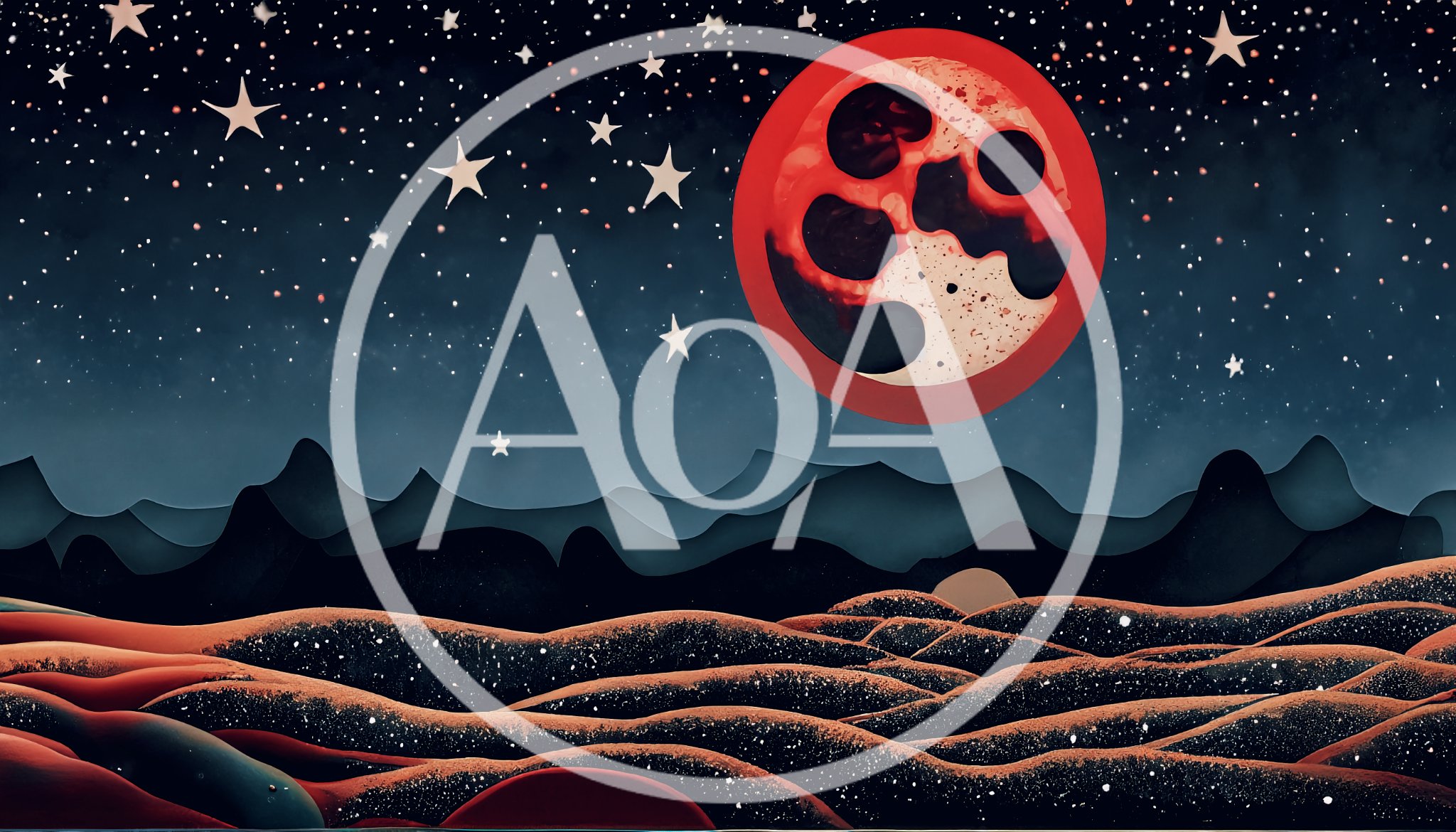 Surreal Red Moon Over Dark Rolling Desert Landscape