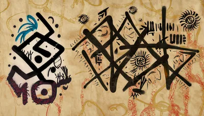 Abstract Tribal Symbols Painted On Aged Parchment Paper