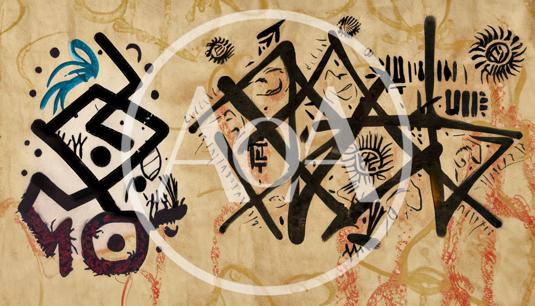 Abstract Tribal Symbols Painted On Aged Parchment Paper