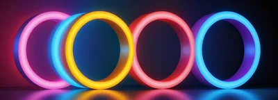 Four Glowing Neon Rings In A Dark Studio