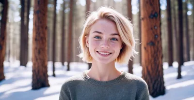 Portrait Of A Smiling Young Woman In Snowy Forest