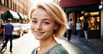 Young Blonde Woman Smiling On A Busy City Street