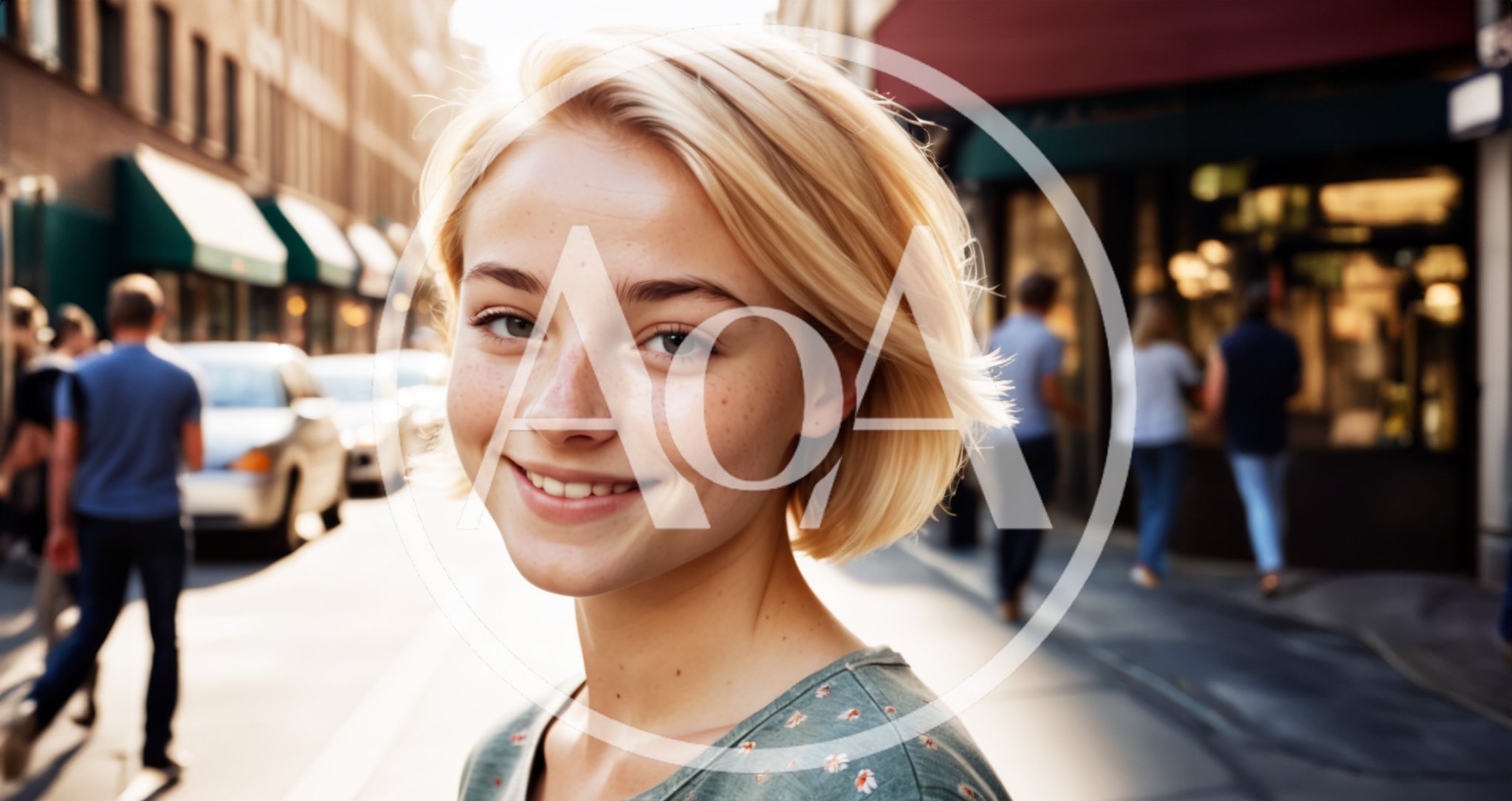 Young Blonde Woman Smiling On A Busy City Street