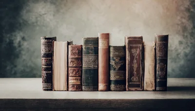 Row Of Antique Leather Bound Books On Wooden Table