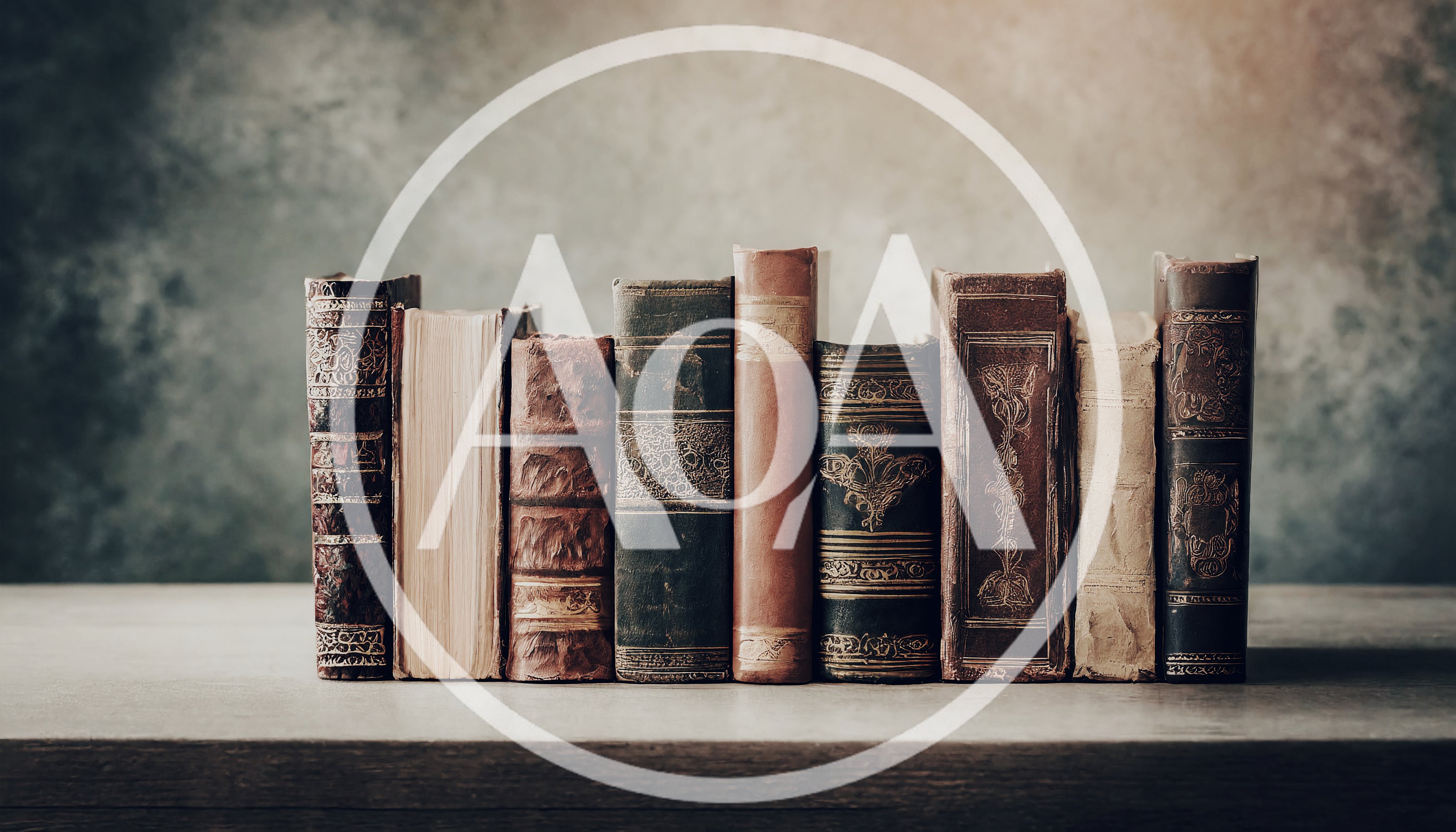 Row Of Antique Leather Bound Books On Wooden Table